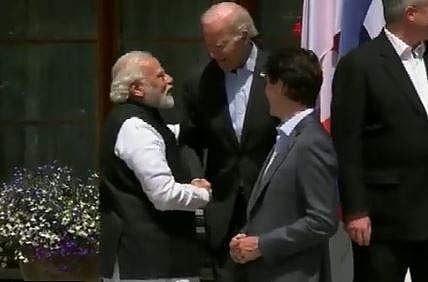 ജി7 ഉച്ചകോടിക്കിടെ മോദി ബൈഡനുമായി കുശലാന്വേഷണം നടത്തുന്ന ദൃശ്യം, എഎന്‍ഐ