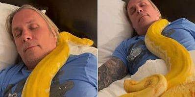 ഉറങ്ങുന്നയാളുടെ ദേഹത്തുകൂടി ഇഴഞ്ഞുനീങ്ങുന്ന പാമ്പുകളുടെ ദൃശ്യം