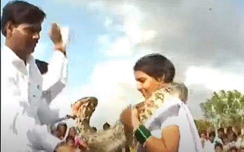 പരസ്പരം പാമ്പിനെ കഴുത്തിലിടുന്ന വധുവരന്മാരുടെ ദൃശ്യങ്ങള്‍