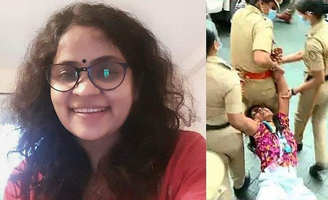 വിധു വിൻസെന്റ്, വനിത ചലച്ചിത്ര മേളയ്ക്കിടെ പ്രതിഷേധിച്ച കുഞ്ഞിലയെ അറസ്റ്റ് ചെയ്തു നീക്കുന്നു/ ഫേയ്സ്ബുക്ക്