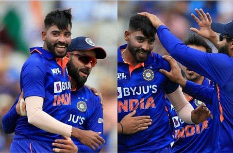 മാഞ്ചസ്റ്ററില്‍ വിക്കറ്റ് വീഴ്ത്തിയ മുഹമ്മദ് സിറാജിനെ അഭിനന്ദിക്കുന്ന സഹതാരങ്ങള്‍/ഫോട്ടോ: എഎഫ്പി