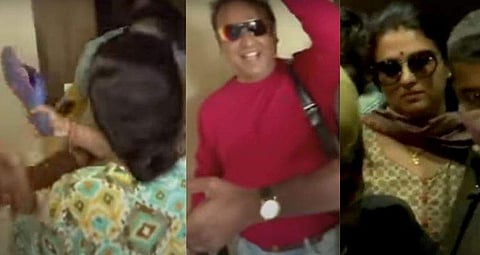 ചെരുപ്പൂരി തല്ലാൻ ശ്രമിക്കുന്ന രമ്യ, നരേഷും പവിത്രാ ലോകേഷും/ വിഡിയോ ദൃശ്യം