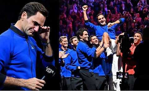 അവസാന മത്സരത്തിന് ശേഷം റോജർ ഫെഡറർ, ഒപ്പം ടീം അം​ഗങ്ങളും/ ചിത്രം: എഎഫ്പി