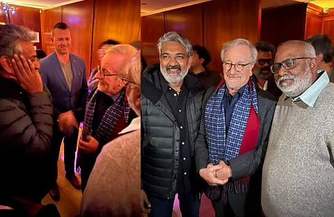 സ്റ്റീഫൻ സ്പിൽബർ​​ഗിനൊപ്പം രാജമൗലിയും കീരവാണിയും/ ചിത്രം; ട്വിറ്റർ