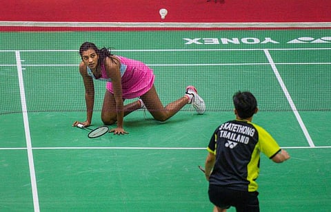 മത്സരത്തിനിടെ പിവി സിന്ധു/ പിടിഐ