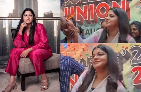 അപർണ ബാലമുരളി/ ചിത്രം; ഇൻസ്റ്റ​ഗ്രാം, വിദ്യാർത്ഥി അപർണ ബാലമുരളിയുടെ തോളിൽ കയ്യിടാൻ ശ്രമിക്കുന്നു/ വിഡിയോ സ്ക്രീൻഷോട്ട്