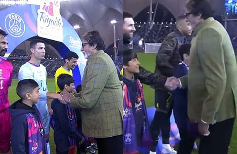 റൊണാൾഡോയ്ക്കും മെസിക്കും ഷെയ്ക്ക് ഹാൻഡ് കൊടുക്കുന്ന അമിതാഭ് ബച്ചൻ/ ചിത്രം; ഫെയ്സ്ബുക്ക്