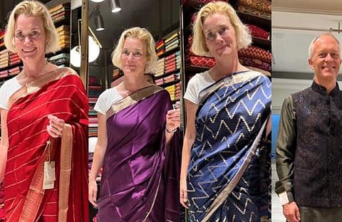 നോര്‍വീജിയന്‍ അംബാസഡര്‍ മെയ് എലിന്‍ സ്‌റ്റെനറും ഭര്‍ത്താവും ഇന്ത്യന്‍ വേഷത്തില്‍/ ഫോട്ടോ: എക്‌സ്