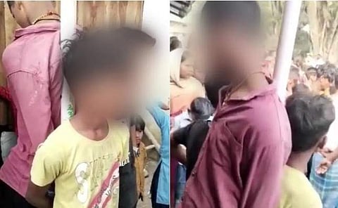 ബിസ്‌കറ്റ് മോഷ്ടിച്ചെന്നാരോപിച്ച് കുട്ടികളെ തൂണില്‍ കെട്ടിയിട്ട് മര്‍ദിക്കുന്നതിന്റെ വീഡിയോ ദൃശ്യം