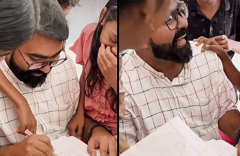 സുജിത്ത് കൊടക്കാട് വിദ്യാർഥികൾക്കൊപ്പം/ വിഡിയോ സ്ക്രീൻഷോട്ട്