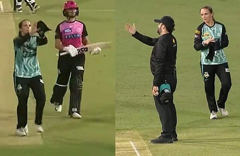 അമേലിയ ടവൽ ഉപയോ​ഗിച്ച് പന്ത് പിടിക്കുന്നു. അമ്പയർ പെനാൽറ്റി വിധിക്കുമ്പോൾ അമ്പരപ്പോടെ നിൽക്കുന്ന അമേലിയ (വീഡിയോ ദൃശ്യം)