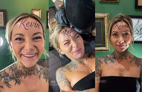 കാമുകന്റെ പേര് നെറ്റിൽ ടാറ്റു ചെയ്ത് യുവതി/ ഇൻസ്റ്റ​ഗ്രാം വിഡിയോ സ്ക്രീൻഷോട്ട്