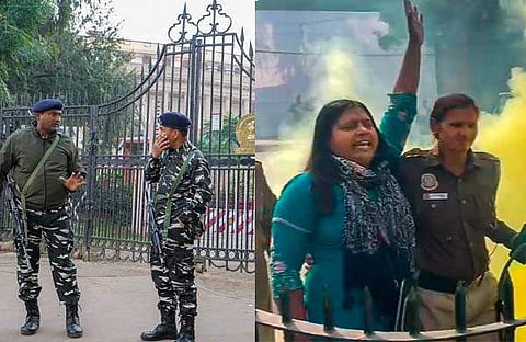 പാര്‍ലമെന്റിന് മുന്നിലെ സുരക്ഷ, പ്രതിഷേധിച്ച സ്ത്രീ/ പിടിഐ