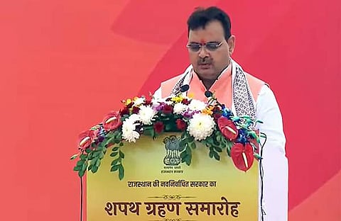 രാജസ്ഥാന്‍ മുഖ്യമന്ത്രിയായി ഭജന്‍ലാല്‍ ശര്‍മ സത്യപ്രതിജ്ഞ ചെയ്യുന്നു