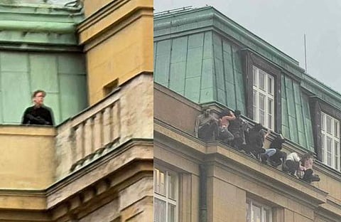 അക്രമി, കെട്ടിടത്തിന്റെ പുറത്ത് അഭയം തേടിയ വിദ്യാർഥികൾ/ ട്വിറ്റർ