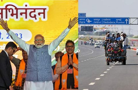 എക്സ്പ്രസ് വേ ഉദ്ഘാടന ചടങ്ങിൽ മോദി, മുംബൈ–ഡൽഹി എക്സ്പ്രസ് വേയുടെ ആദ്യഘട്ടം തുറന്നുകൊടുത്തപ്പോൾ/ ചിത്രം; പിടിഐ