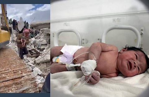 കെട്ടിടാവശിഷ്ടങ്ങൾക്കിടയിൽ നിന്ന് കുഞ്ഞിനെ രക്ഷപെടുത്തുന്നു, കുഞ്ഞ് ആശുപത്രിയിൽ ചികിത്സയിൽ/ ചിത്രം: പിടിഐ
