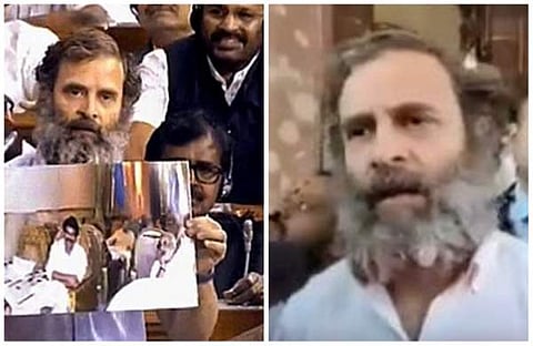 പാര്‍ലമെന്റില്‍ രാഹുല്‍ ഗാന്ധി മോദിയുടെയും അദാനിയുടെയും ചിത്രങ്ങള്‍ ഉയര്‍ത്തിക്കാട്ടുന്നു, അദ്ദേഹം മാധ്യമങ്ങളോട് സംസാരിക്കുന്നു/വീഡിയോ സ്‌ക്രീന്‍ഷോട്ട്