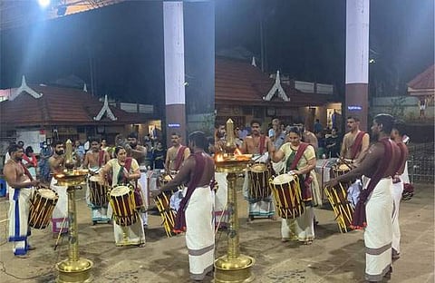 ചെണ്ട മേളത്തിനിടെ ഡോ.നന്ദിനി വർമ്മ/ ചിത്രം ഫെയ്‌സ്‌ബുക്ക്