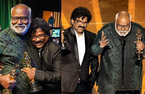 ഓസ്കർ വേദിയിൽ സം​ഗീത സംവിധായകൻ കീരവാണിയും ​ഗാനരചയിതാവ് ചന്ദ്രബോസ് / ചിത്രം; പിടിഐ