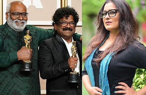 ഓസ്കറുമായി കീരവാണിയും ചന്ദ്രബോസും/ എഎൻഐ, അനന്യ ചാറ്റർജി/ ഫെയ്സ്ബുക്ക്