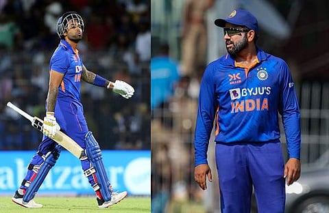 ഇന്നലെ നടന്ന ഇന്ത്യ-ഓസ്ട്രേലിയ മത്സരത്തിൽ സൂര്യകുമാർ യാദവ് പുറത്തായപ്പോൾ, കളിക്കിടെ രോഹിത് ശർമ്മ/ ചിത്രം: എഎൻഐ