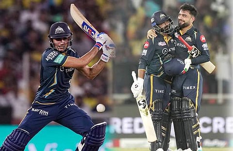 ടൈറ്റന്‍സ് താരം ശുഭ്മാന്‍ ഗില്‍, വിജയം ആഘോഷിക്കുന്ന രാഹുല്‍ തെവാത്തിയയും റാഷിദ് ഖാനും/ ചിത്രം പിടിഐ