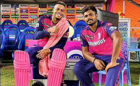 മത്സരം വിജയിച്ച ശേഷം സഞ്ജുവും ഹെറ്റ്മെയറും/ ട്വിറ്റർ