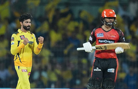 രാഹുൽ ത്രിപാഠിയെ പുറത്താക്കിയത് ആഘോഷിക്കുന്ന ജഡേജ/ പിടിഐ