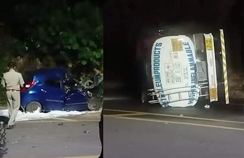 ടാങ്കർ ലോറി കാറുമായി കൂട്ടിയിടിച്ച് മറിഞ്ഞു/ ടെലിവിഷൻ സ്ക്രീൻഷോട്ട്