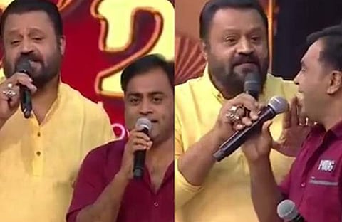 വേദിയിൽ സുധീർ പറവൂരിനൊപ്പം മിമിക്രി അവതരിപ്പിക്കുന്ന സുരേഷ് ​ഗോപി/ ഇൻസ്റ്റ​ഗ്രാം