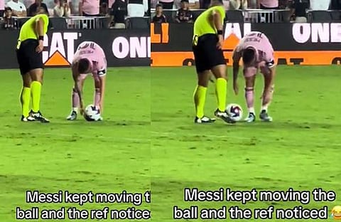 പന്ത് മാറ്റി വെക്കാൻ ശ്രമിക്കുന്ന മെസ്സി/ വിഡിയോ സ്ക്രീൻഷോട്ട്