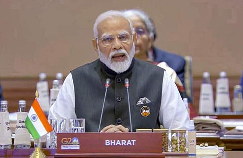 ജി 20 ഉച്ചകോടിയില്‍ പ്രധാനമന്ത്രി നരേന്ദ്ര മോദിയുടെ ഇരിപ്പിടത്തിനു മുന്നില്‍ ഭാരത് എന്നു പ്രദര്‍ശിപ്പിച്ചിരിക്കുന്നു/പിടിഐ