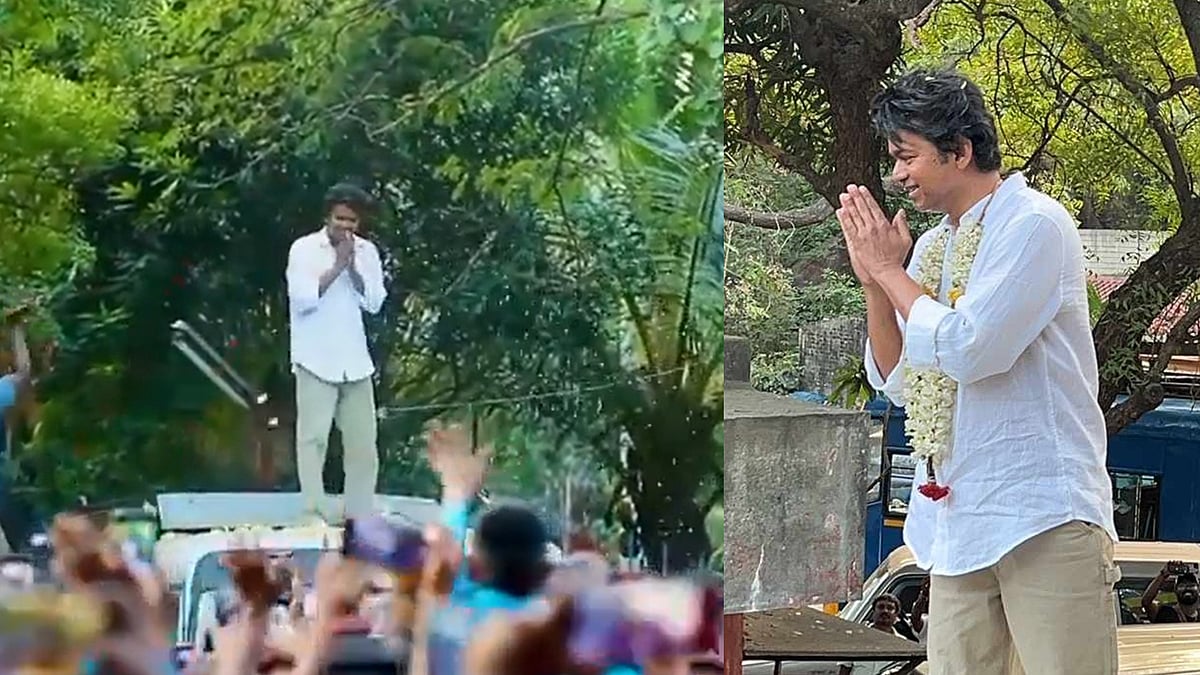 തടിച്ചുകൂടി ആരാധകർ, ബസ്സിന് മുകളില്‍ കയറി വിജയ്; പുഷ്പവൃഷ്ടി നടത്തി വരവേൽപ്പ്; വിഡിയോ