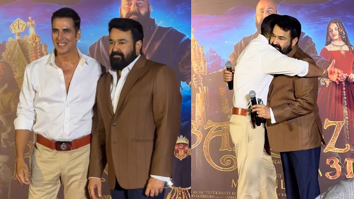 'ഫസ്റ്റ് ഡേ ഫസ്റ്റ് ഷോ തന്നെ മകളെ ബറോസ് കാണിക്കും';  അക്ഷയ് കുമാറിനെ കെട്ടിപ്പിടിച്ച് സ്വീകരിച്ച് മോഹന്‍ലാല്‍, വിഡിയോ