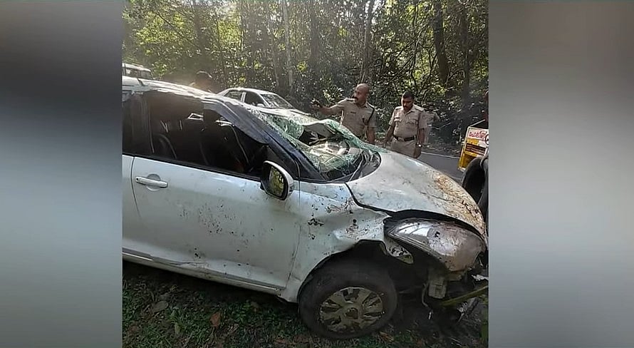 ശബരിമല തീര്‍ഥാടകര്‍ സഞ്ചരിച്ച കാര്‍ കൊക്കയിലേക്ക് മറിഞ്ഞു;	ഒരാള്‍ മരിച്ചു; നാലുപേര്‍ക്ക് പരിക്ക്