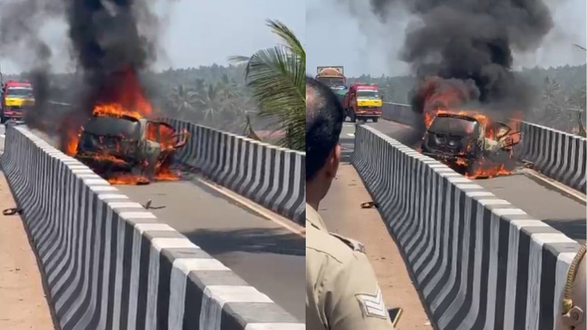 മാഹി ബൈപ്പാസിൽ നിയന്ത്രണം വിട്ട് ഡിവൈഡറിലേക്ക് പാഞ്ഞുകയറി, കാർ കത്തി നശിച്ചു; ഡ്രൈവർക്ക് ​ഗുരുതര പൊള്ളൽ- വിഡിയോ 
