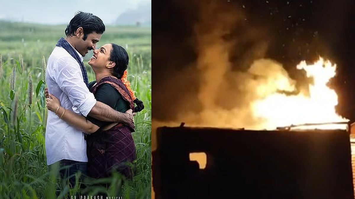കാറ്റിൽ തീ പടർന്നു പിടിച്ചു, ധനുഷ് ചിത്രത്തിന്റെ സെറ്റിൽ വൻ തീപിടിത്തം; വിഡിയോ   