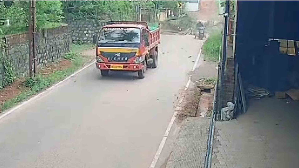 ഓടുന്ന ബൈക്കിന് മുകളില്‍ തെങ്ങ് കടപുഴകി വീണു, യാത്രക്കാരന് ഗുരുതര പരിക്ക് - വിഡിയോ