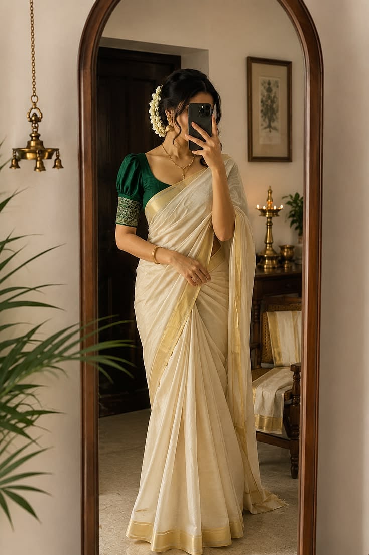 കസവ് സാരിയിൽ ഓണച്ചന്തം; തുടക്കക്കാർക്കും എളുപ്പത്തിൽ സ്റ്റൈൽ ചെയ്യാം, ശ്രദ്ധിക്കേണ്ട കാര്യങ്ങൾ