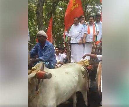 ഇന്ധന വില വര്‍ധനയില്‍ പ്രതിഷേധം ; കാളവണ്ടി യാത്രയുമായി ചെന്നിത്തല ( വീഡിയോ )