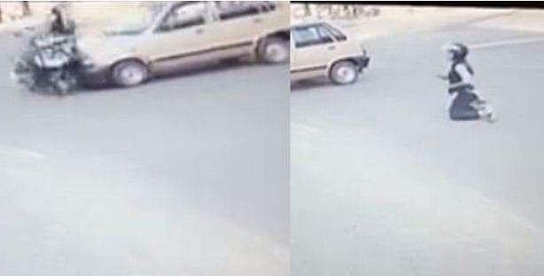 ഇടംവലം നോക്കാതെ എത്തിയ കാര്‍ ഇടിച്ചുതെറിപ്പിച്ചു, ഇതൊന്നും ബാധിക്കില്ലെന്ന ഭാവത്തില്‍ സ്‌കൂട്ടര്‍ യാത്രക്കാരി എഴുന്നേറ്റ് നിന്നു, വീഡിയോ വൈറല്‍ 