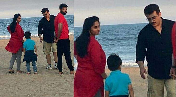 ശാലിനിക്കും മകനുമൊപ്പം ചെന്നൈയിലെ ബീച്ചില്‍ 'തല'; വൈറലായി ചിത്രം