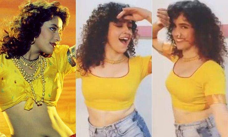 മാധുരിയുടെ ഹിറ്റ് ഗാനത്തിന് ചുവടുവച്ച് സാന്യ; ജീന്‍സും മഞ്ഞ ബ്ലൗസും ധരിച്ച് ട്വിസ്റ്റ്