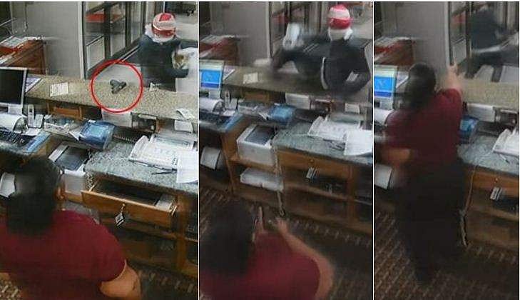 പണം കണ്ടപ്പോള്‍ തോക്കു താഴെവെച്ചു; ചാടിപ്പിടിച്ച് യുവതി; പണസഞ്ചി വലിച്ചെറിഞ്ഞ് കള്ളന്‍ ഓടി: വിഡിയോ