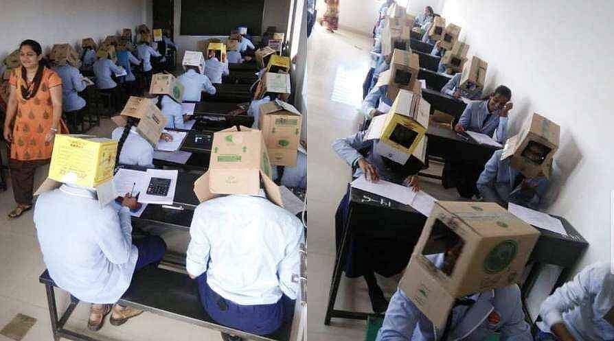 തലയില് കാര്ഡ്ബോര്ഡ് പെട്ടികള്; കോപ്പിയടി തടയാന് 'പുതിയ തന്ത്ര'വുമായി കോളജ് അധികൃതര് ; വിവാദം ; പ്രതിഷേധം