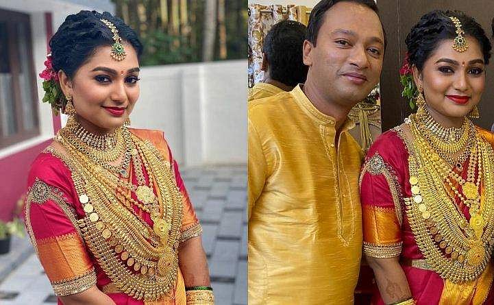 ശരീരം നിറയെ ആഭരണങ്ങള്‍, തലയില്‍ തുളസി; ചുവന്ന സാരിയില്‍ മലയാളി വധുവായി ശ്രീലക്ഷ്മി