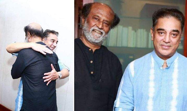 സ്റ്റൈല്‍ മന്നന്‍ എത്തി, ആലിംഗനത്തോടെ സ്വീകരിച്ച് ഉലകനായകന്‍; ആവേശത്തോടെ ആരാധകര്‍