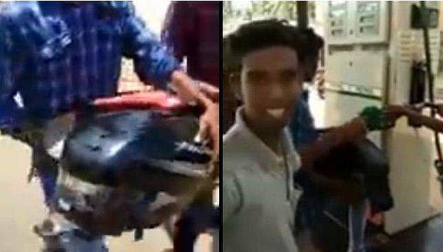 കുപ്പിയില്‍ പെട്രോള്‍ ഇല്ല, ബൈക്കിന്റെ ടാങ്ക് ഊരിക്കൊണ്ടുവന്ന് പെട്രോളടിച്ച് യുവാക്കള്‍, വ്യത്യസ്ത ചലഞ്ച്; വീഡിയോ വൈറല്‍