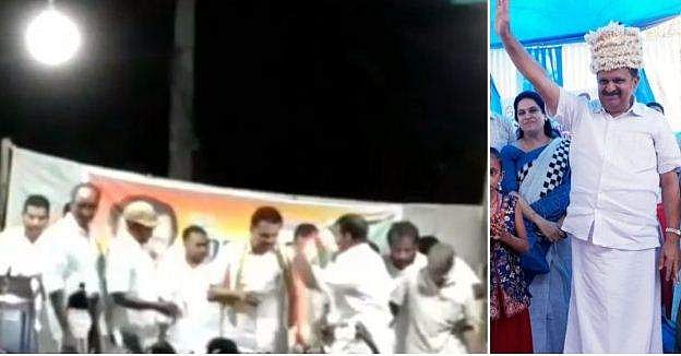 സ്വീകരണം നൽകുന്നതിനിടെ  വേദി തകര്‍ന്നു ; കെ മുരളീധരനും പ്രവർത്തകരും താഴെ വീണു ( വീഡിയോ)